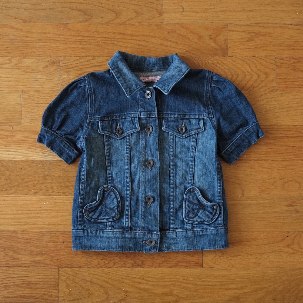 Juicy Couture Denim Jacket Kids Blue Heart Pockets Puff Sleeve Size 10